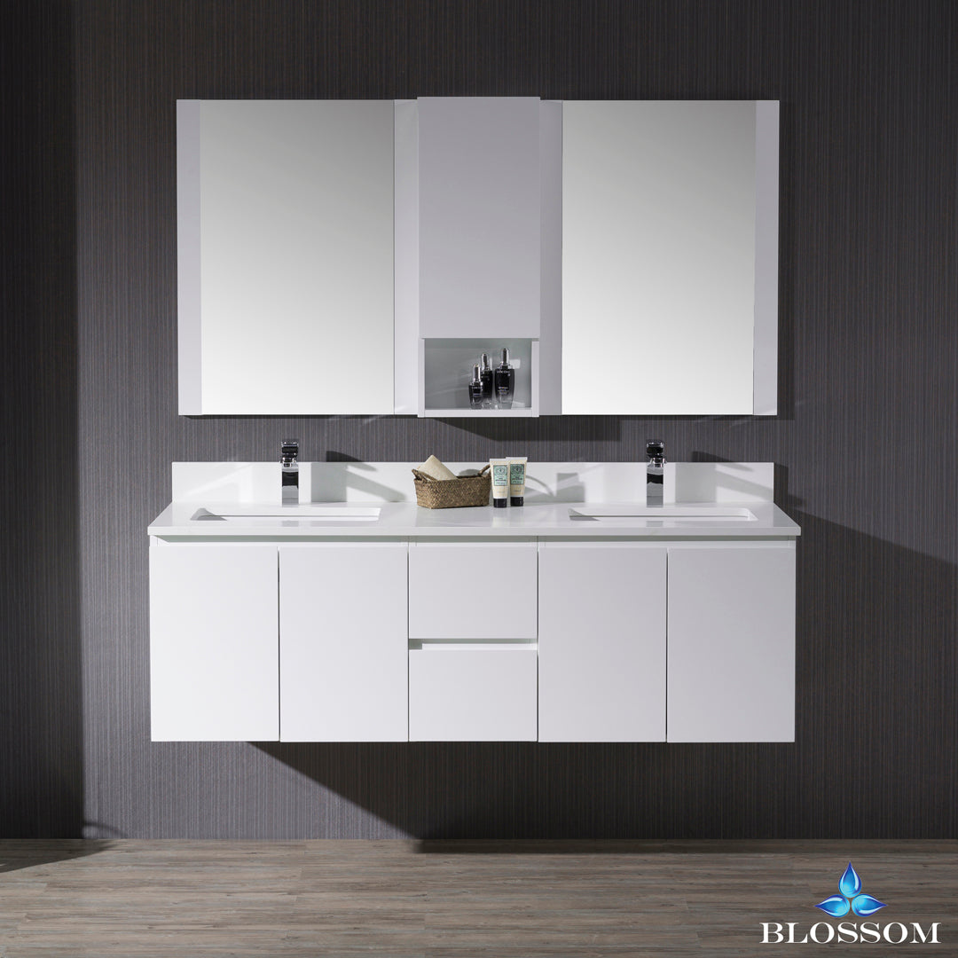 Eviva Elite Stamford 60 Gray Solid Wood Bathroom Vanity Set with Double OG  White Carrera Marble Top & White Undermount Porcelain Sinks