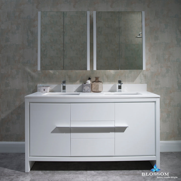 Eviva Elite Stamford 60 Gray Solid Wood Bathroom Vanity Set with Double OG  White Carrera Marble Top & White Undermount Porcelain Sinks