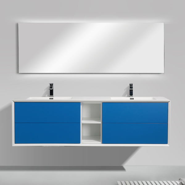 Eviva Vienna 75" Blue w/ White Frame Wall Mount Double Sink Bathroom Vanity w/ White Integrated Top