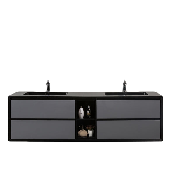 Eviva Vienna 75" Gray w/ Black Frame Wall Mount Double Sink Bathroom Vanity w/ Black Integrated Top