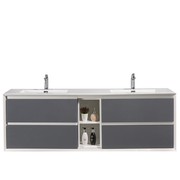 Eviva Vienna 75" Gray w/ White Frame Wall Mount Double Sink Bathroom Vanity w/ White Integrated Top