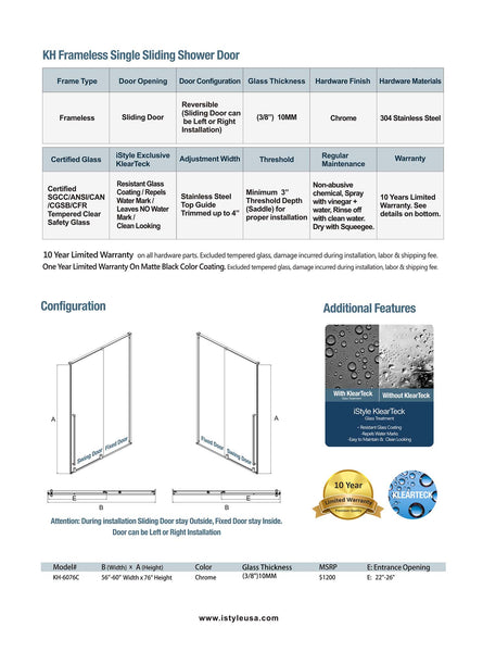 KH Frameless Single Shower Door