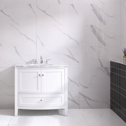 Eviva Stanton 36" White Transitional Bathroom Vanity w/ White Carrara Top