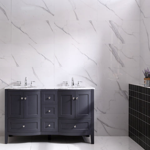 Eviva Stanton 60" Dark Gray Transitional Double Sink Bathroom Vanity w/ White Carrara Top