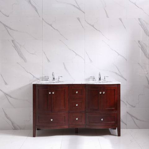 Eviva Stanton 60" Teak Transitional Double Sink Bathroom Vanity w/ White Carrara Top