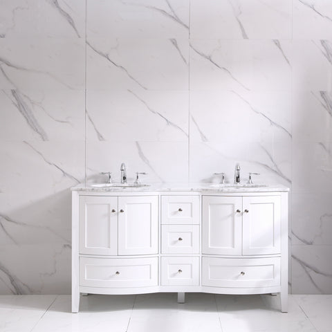 Eviva Stanton 60" White Transitional Double Sink Bathroom Vanity w/ White Carrara Top