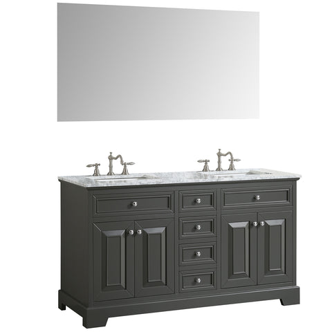 Eviva Monroe 60" Gray Transitional Double Sink Bathroom Vanity w/ White Carrara Top