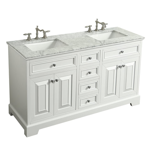 Eviva Monroe 72" White Transitional Double Sink Bathroom Vanity w/ White Carrara Top