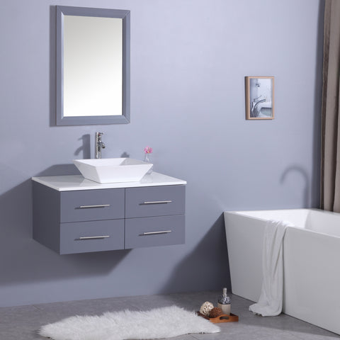 Totti Wave 36" Gray Modern Bathroom Vanity w/ Super White Man-Made Stone Top & Sink