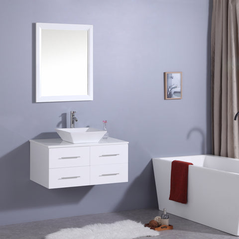 Totti Wave 36" White Modern Bathroom Vanity w/ Super White Man-Made Stone Top & Sink