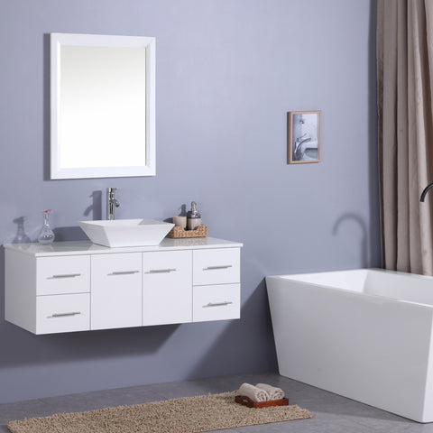 Totti Wave 48" White Modern Bathroom Vanity w/ Super White Man-Made Stone Top & Sink