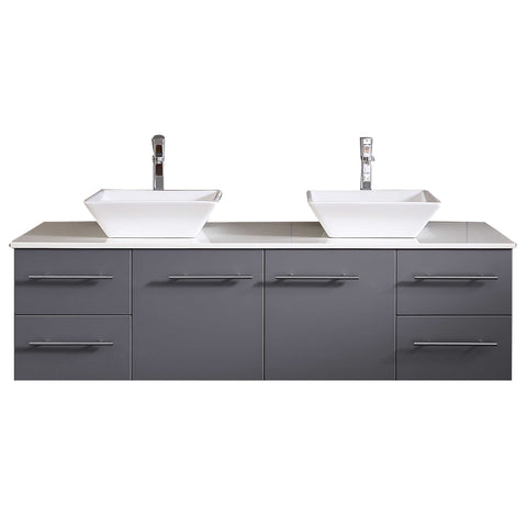 Totti Wave 60" Gray Modern Double Sink Bathroom Vanity w/ Super White Man-Made Stone Top & Sinks