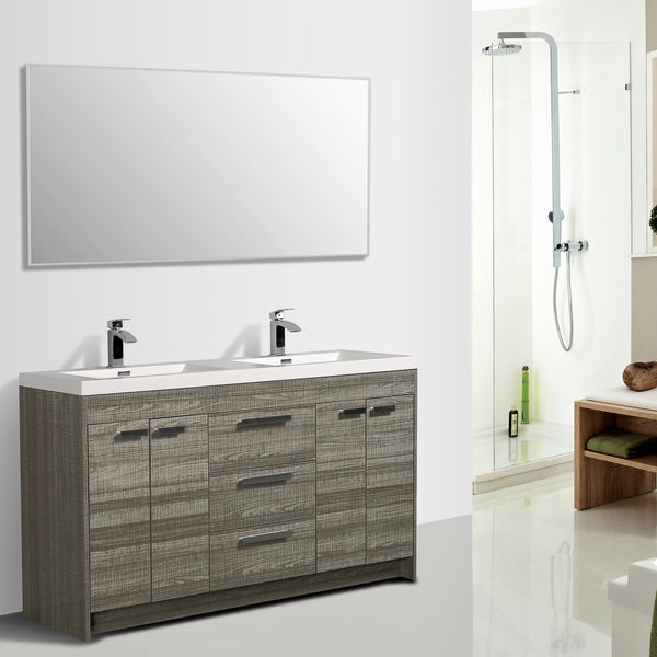 Eviva Lugano 60" Ash Modern Double Sink Bathroom Vanity w/ White Integrated Top