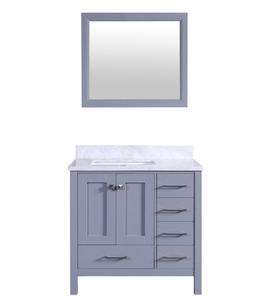 Eviva Aberdeen 36" Transitional Grey Bathroom Vanity with White Carrera Countertop &  Square Sink