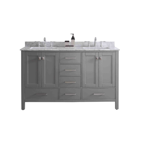 Eviva Aberdeen 60" Transitional Grey Bathroom Vanity with White Carrera Countertop & Double Square Sinks