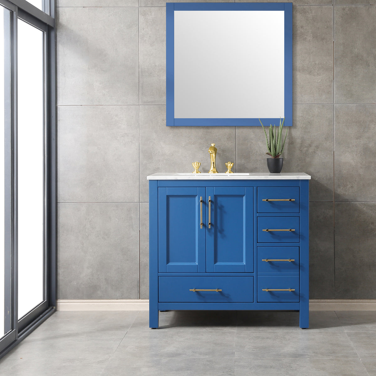 Eviva Navy 36" Deep Blue Transitional Bathroom Vanity w/ White Carrara ...