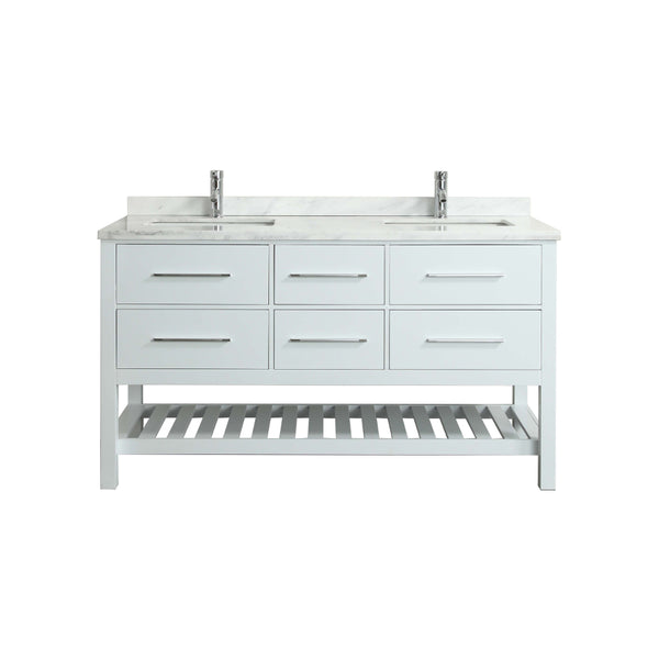 Eviva Natalie F.? 60" White Bathroom Vanity with White Carrera Marble Counter-top & Double Porcelain Sinks 