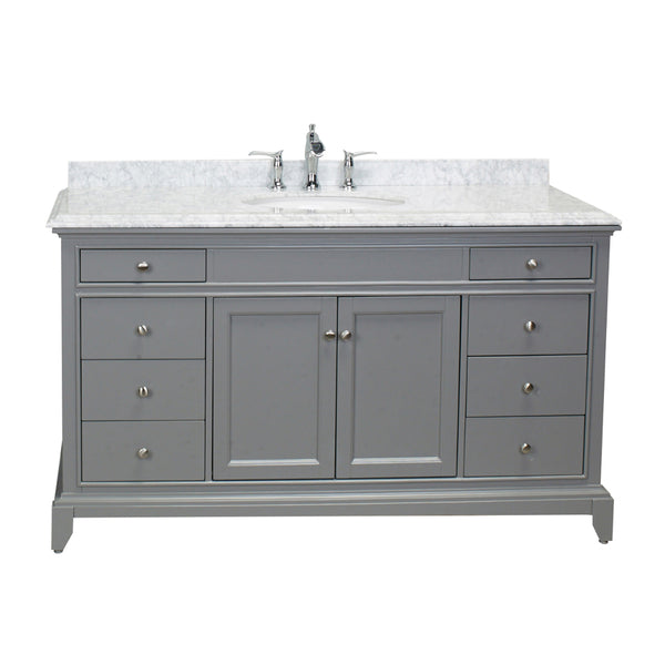 Eviva Elite Stamford? 60" Grey Solid Wood Single Bathroom Vanity Set with Double OG Crema Marfil Marble Top & White Undermount Porcelain Sink