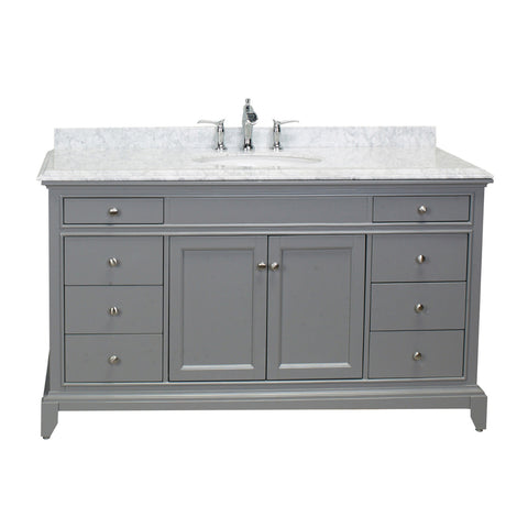 Eviva Elite Stamford? 60" Grey Solid Wood Single Bathroom Vanity Set with Double OG Crema Marfil Marble Top & White Undermount Porcelain Sink