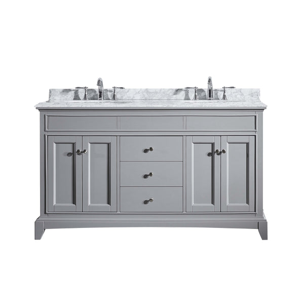 Eviva Elite Stamford? 60"  Gray Solid Wood Bathroom Vanity Set with Double OG White Carrera Marble Top & White Undermount Porcelain Sinks