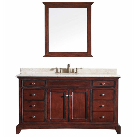 Eviva Elite Stamford? 60" Brown (Teak) Solid Wood Single Bathroom Vanity Set with Double OG Crema Marfil Marble Top & White Undermount Porcelain Sink