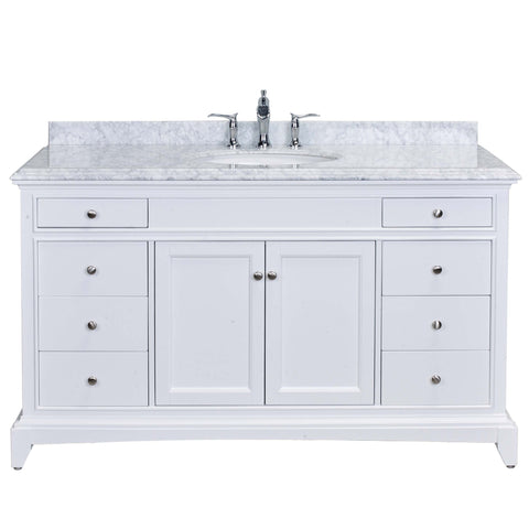 Eviva Elite Stamford? 60" White Solid Wood Single Bathroom Vanity Set with Double OG Crema Marfil Marble Top & White Undermount Porcelain Sink