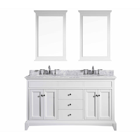 Eviva Elite Stamford? 60" White Solid Wood Bathroom Vanity Set with Double OG White Carrera Marble Top & White Undermount Porcelain Sinks