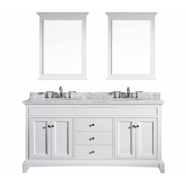 Eviva Elite Stamford? 72" White Solid Wood Bathroom Vanity Set with Double OG White Carrera Marble Top & White Undermount Porcelain Sinks