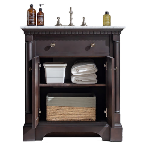 Eviva Preston 31" Aged Chocolate Traditional Bathroom Vanity w/ White Carrara Top