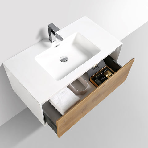 Eviva Vienna 36" White Oak w/ White Frame Wall Mount Bathroom Vanity w/ White Integrated Top