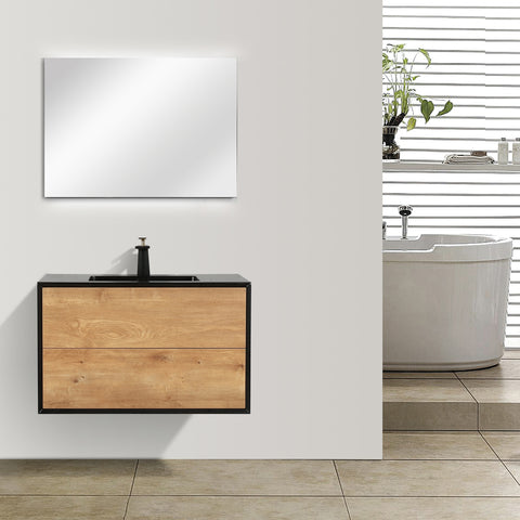 Eviva Vienna 36" White Oak w/ Black Frame Wall Mount Bathroom Vanity w/ Black Integrated Top