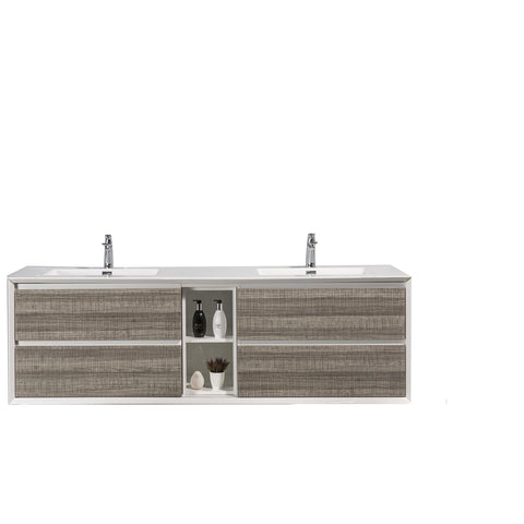 Eviva Vienna 75" Ash w/ White Frame Wall Mount Double Sink Bathroom Vanity w/ White Integrated Top