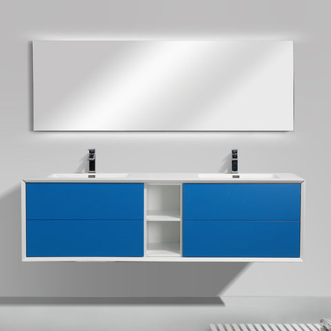 Eviva Vienna 75" Blue w/ White Frame Wall Mount Double Sink Bathroom Vanity w/ White Integrated Top