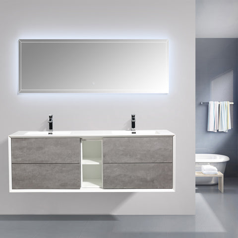 Eviva Vienna 75" Cement Gray w/ White Frame Wall Mount Double Sink Bathroom Vanity w/ White Integrated Top