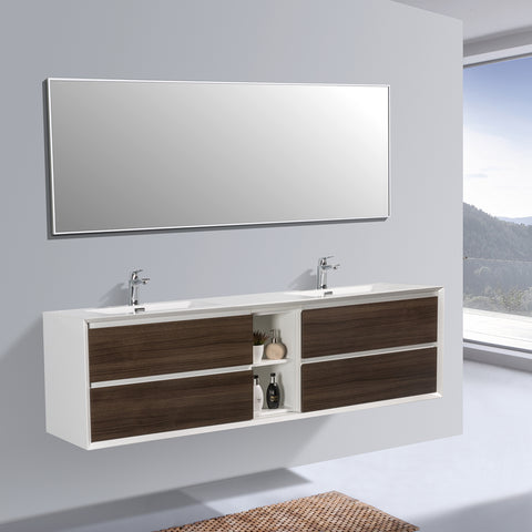 Eviva Vienna 75" Gray Oak w/ White Frame Wall Mount Double Sink Bathroom Vanity w/ White Integrated Top