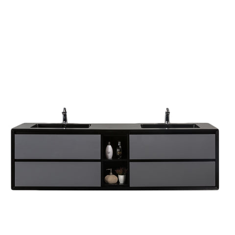 Eviva Vienna 75" Gray w/ Black Frame Wall Mount Double Sink Bathroom Vanity w/ Black Integrated Top