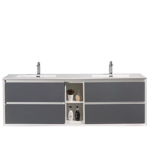 Eviva Vienna 75" Gray w/ White Frame Wall Mount Double Sink Bathroom Vanity w/ White Integrated Top