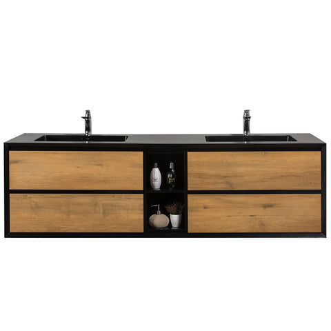 Eviva Vienna 75" White Oak w/ Black Frame Wall Mount Double Sink Bathroom Vanity w/ Black Integrated Top