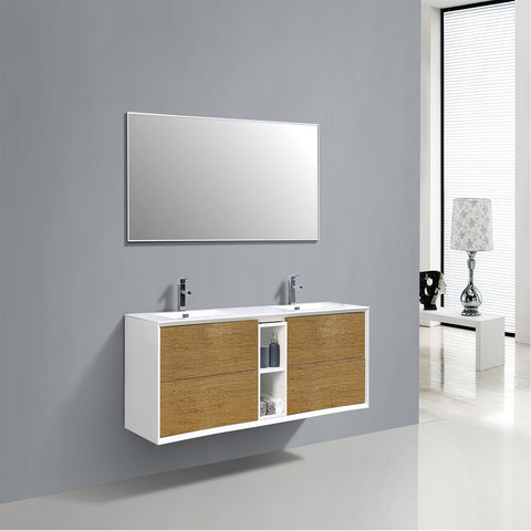 Eviva Vienna 75" White Oak w/ White Frame Wall Mount Double Sink Bathroom Vanity w/ White Integrated Top