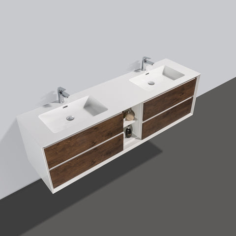 Eviva Vienna 75" Rosewood w/ White Frame Wall Mount Double Sink Bathroom Vanity w/ White Integrated Top