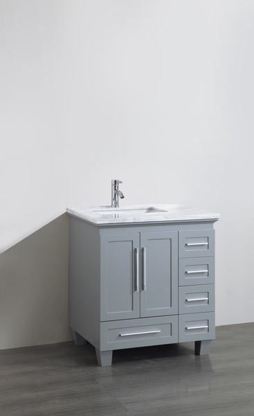 Eviva Loon 30" Gray Transitional Bathroom Vanity w/ White Carrara Top & Long Handles