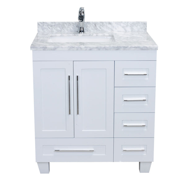 Eviva Loon 30" Long Handles (Acclaim Edition) Transitional White Bathroom Vanity with white carrera marble counter-top