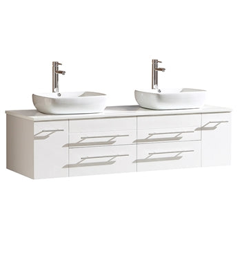 Fresca Bellezza 59" White Modern Double Vessel Sink Cabinet w/ Top & Vessel Sinks