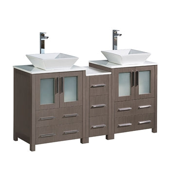 Fresca Torino 60" Gray Oak Modern Double Sink Bathroom Cabinets w/ Tops & Vessel Sinks