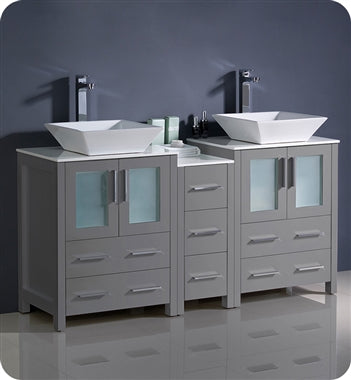Fresca Torino 60" Gray Modern Double Sink Bathroom Cabinets w/ Tops & Vessel Sinks