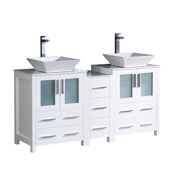 Fresca Torino 60" White Modern Double Sink Bathroom Cabinets w/ Tops & Vessel Sinks