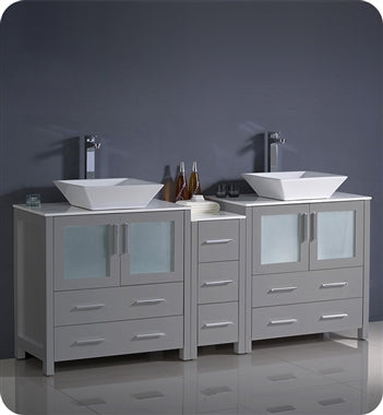 Fresca Torino 72" Gray Modern Double Sink Bathroom Cabinets w/ Tops & Vessel Sinks