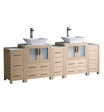 Fresca Torino 84" Light Oak Modern Double Sink Bathroom Cabinet w/ Tops & Vessel Sinks