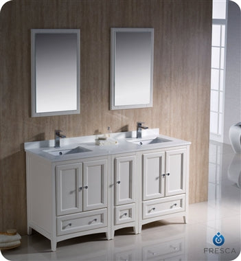 Fresca Oxford 60" Antique White Traditional Double Sink Bathroom Vanity