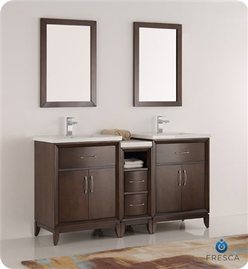 Fresca Cambridge 60" Antique Coffee Double Sink Traditional Bathroom Vanity w/ Mirrors